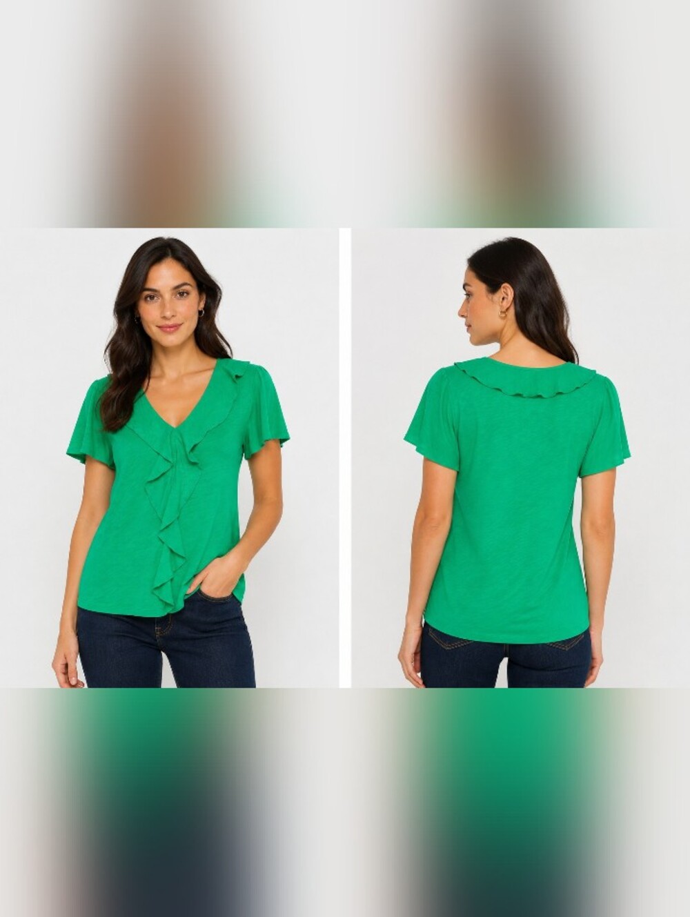 #1152 Lauren Ralph Lauren Jardin Green Ruffle V-Neck Short Sleeves